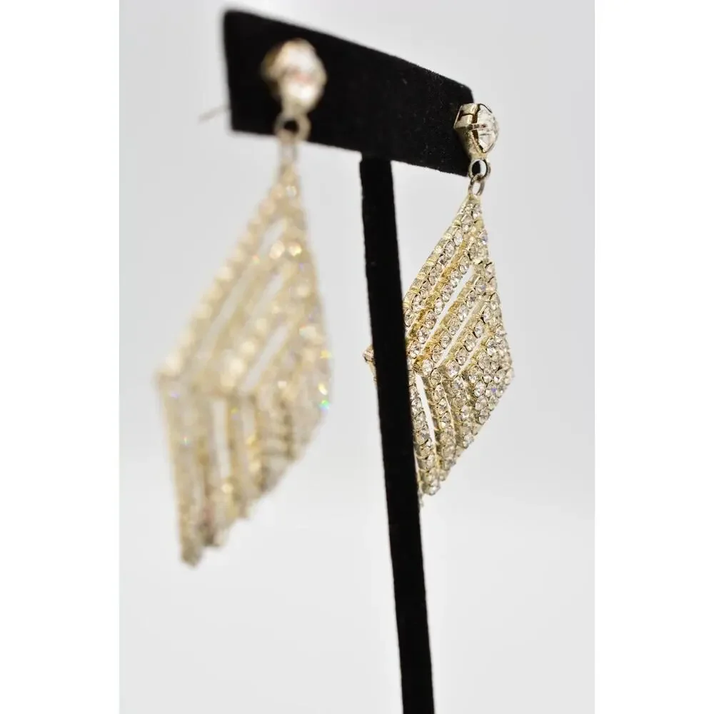 Vintage Crystal Earrings Dangle Prong Rhinestone Silver Sparkling 1990s 9L